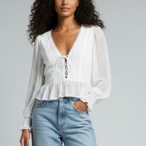 Hello Molly All That I Need Lace Up Peplum Blouse in Sheer White Size L NWT